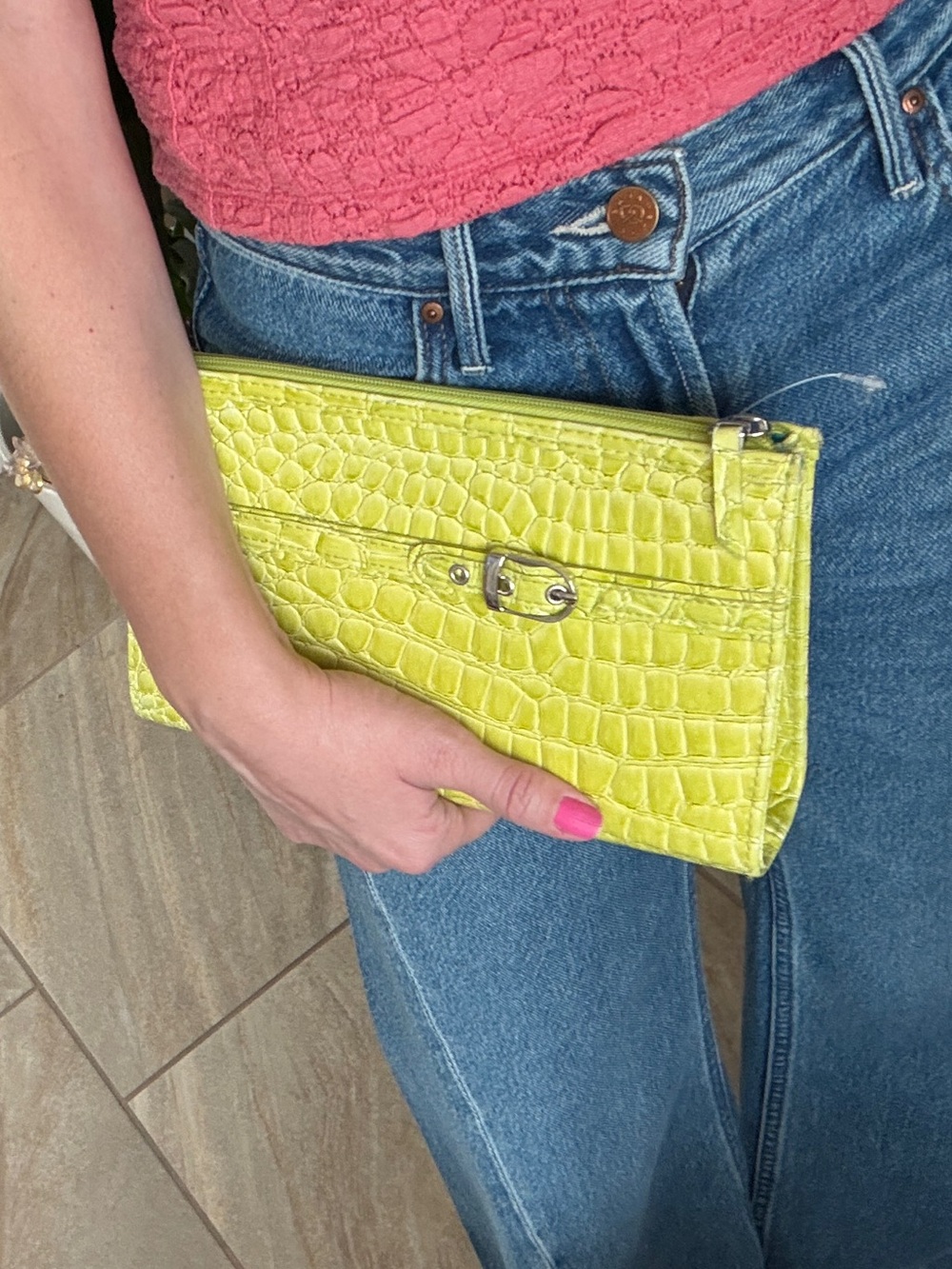Y2K Modella Lime Green Croc-Embossed Clutch Small Buckle SoHo Statement Bag